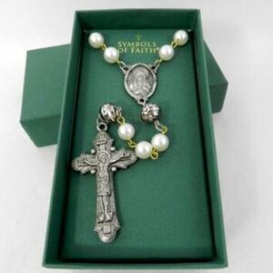 Unisex SYMBOLS OF FAITH Silver Tone Mary & Crucifix Pendant Faux Pearl Rosary